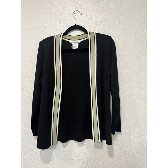 Black Sweaters - Exclusively Misook Petite Size Small Long Open Cardigan Knit Black Green Trim